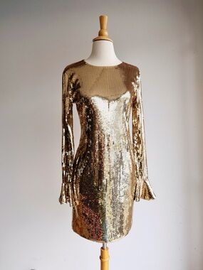 NWT MICHAEL Michael Kors Gold Sequin Mini Dress Long Sleeve Party Dress Small